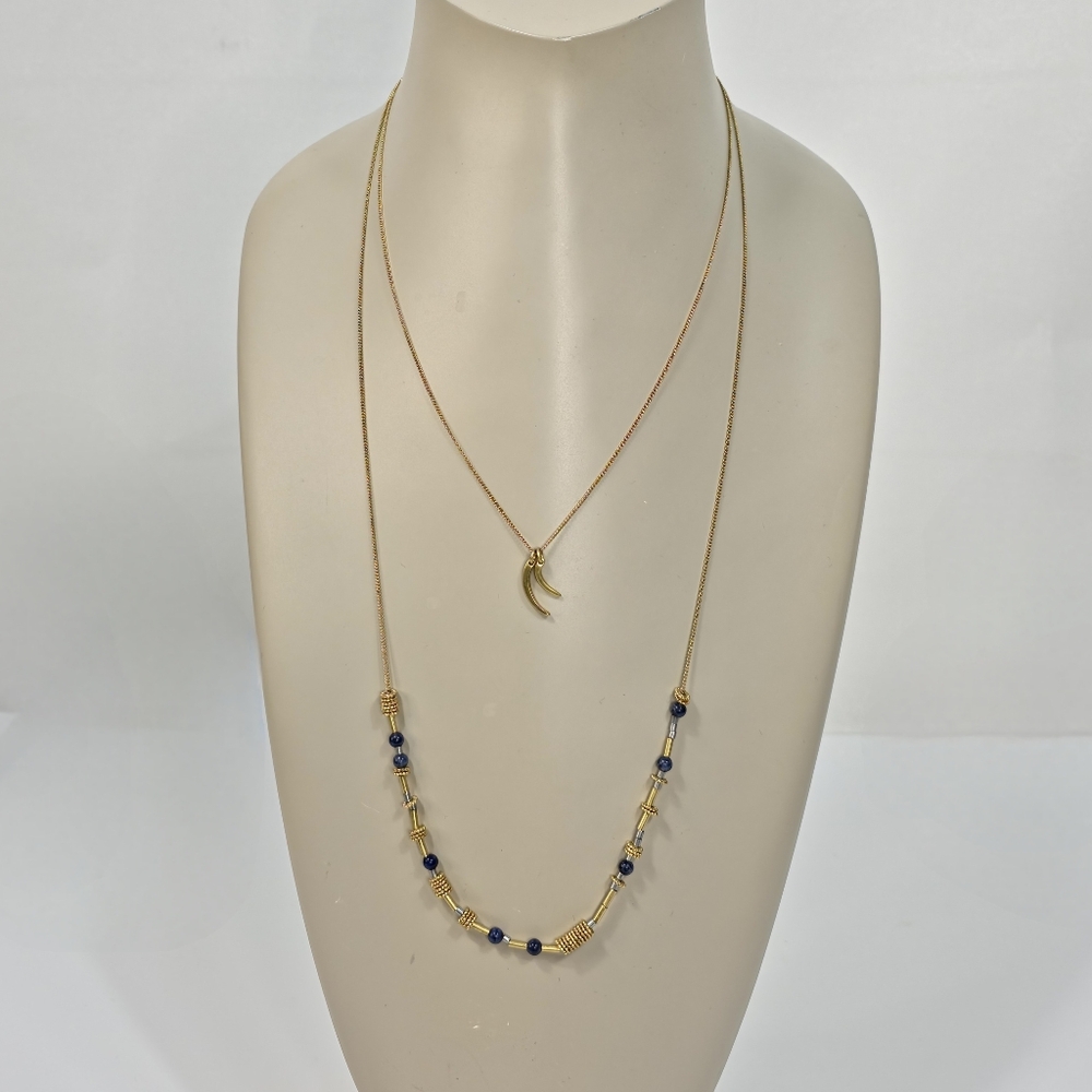 Madewell Lapis Bead Two Strand Chain Necklace Gold Tone Layered 18" 26"